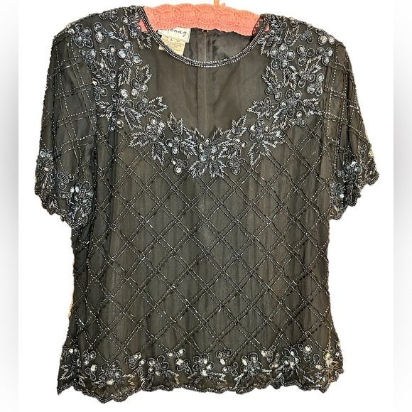 Vintage Stenay Short Sleeve Beaded Silk Evening Top Sheer Neckline Size Large - Picture 1 of 10
